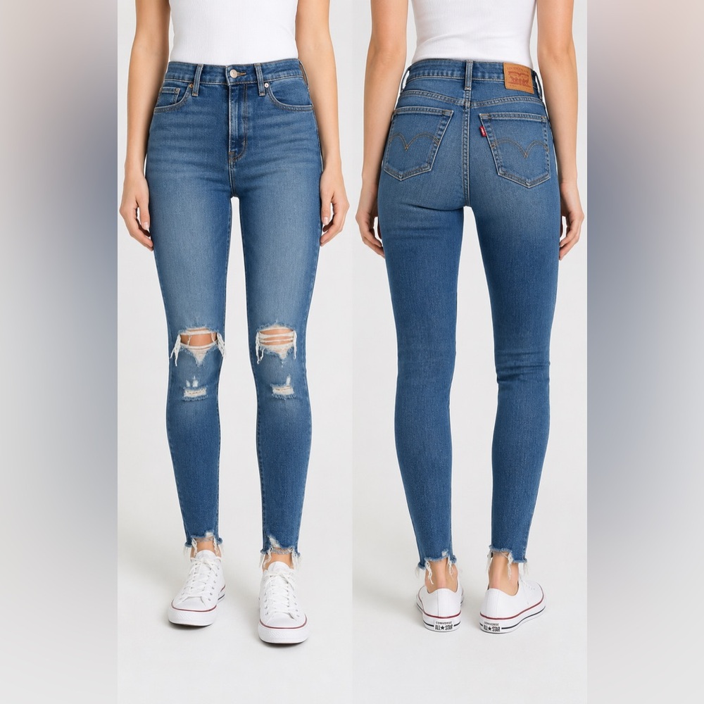 Levi's 721 High Rise Skinny Jeans W28 L32 Distressed Raw Hem Stretch Blue